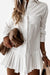 White pleated fashion plain shirt dress with long sleeves and button-down front, styled with casual accessories
