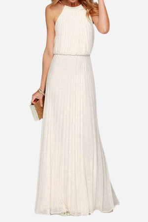 White sleeveless belted maxi pleated dress with round neck and flowing silhouette