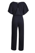 Chic black short-sleeved wide-leg jumpsuit with belt and elegant back keyhole detail