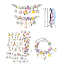 Kids bracelet-making kit with colorful beads, charms, and adjustable chains for creative jewelry crafting.