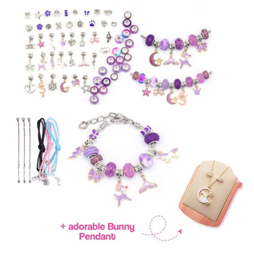 Kids bracelet-making kit with purple beads, charms, spacers, snake chains, and bunny pendant for creative DIY jewelry crafting.