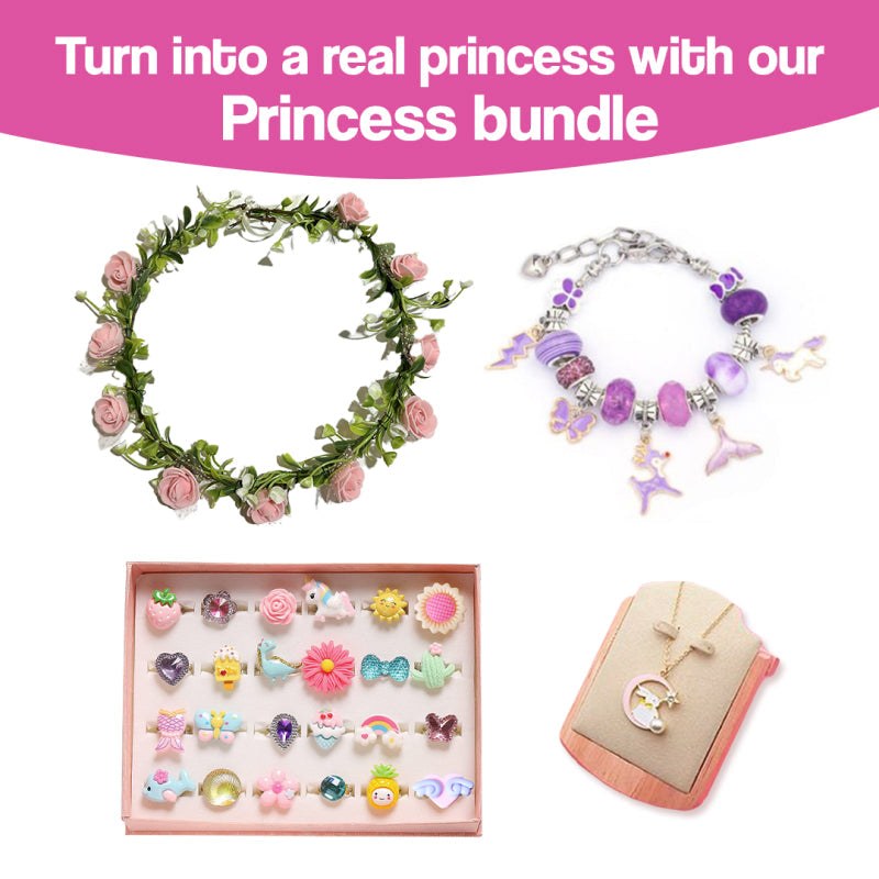 Princess bundle for kids featuring a floral crown, purple charm bracelet, decorative rings, and a crescent moon necklace from the Bracelet-Making Kit