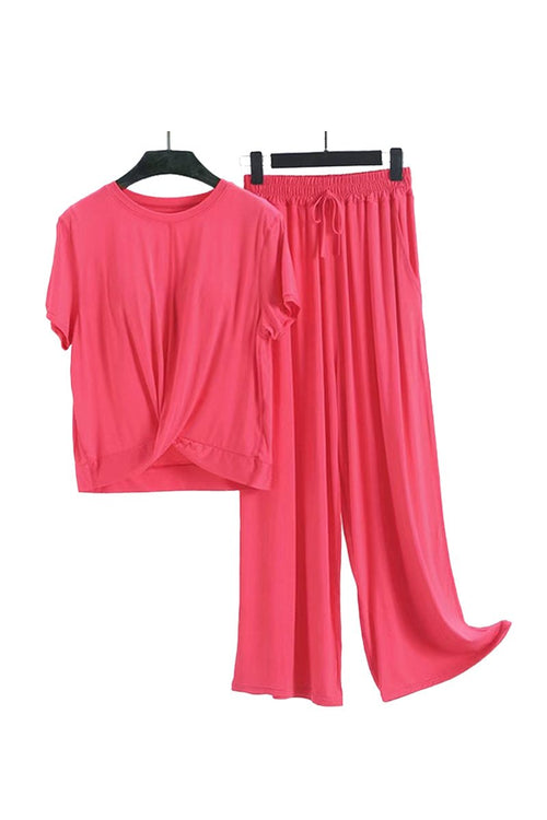 Red bamboo fiber pajama clothes set with short-sleeve top and wide-leg pants, breathable eco-friendly material.