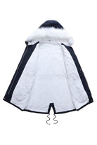 Thick long-sleeve zipper overcoat with white fur lining and hood, black exterior, warm and lightweight design