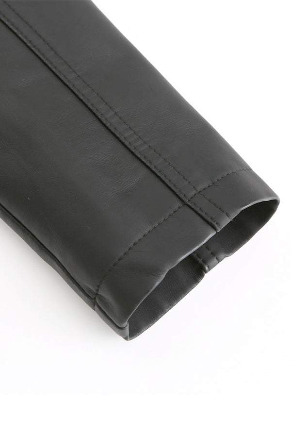 Close-up of sleeve detail on slim fit leather motorcycle jacket