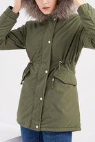 Olive green Fur Collar Fleece Coat with hood and adjustable waist, featuring warm fleece lining and button details.