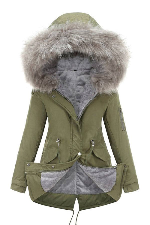 Olive green Fur Collar Fleece Coat with hood and adjustable hem, featuring soft gray fleece interior and faux fur trim.