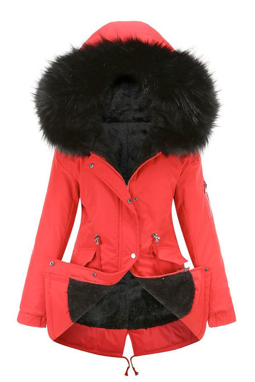 Red fur collar fleece coat with hood and adjustable hem, featuring warm black fleece interior and stylish design.
