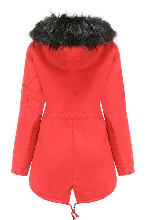 Red fur collar fleece coat with hood and adjustable hem back view