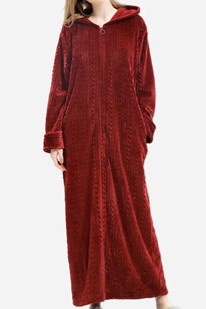 Stylish flannel nightgown in deep red with hood and zipper, soft and thick cozy fabric.