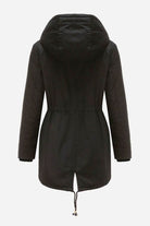 Back view of extra comfortable black cotton parka coat with hood and adjustable hem