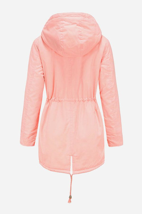 Back view of extra comfortable cotton parka coat in pink with hood and adjustable waist drawstring