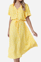 Yellow casual bohemian dress skirt with white dot print and lace-up waist