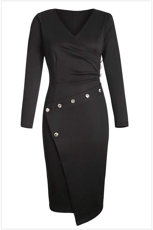 Black stylish button pencil dress with v-neck and asymmetrical waist design