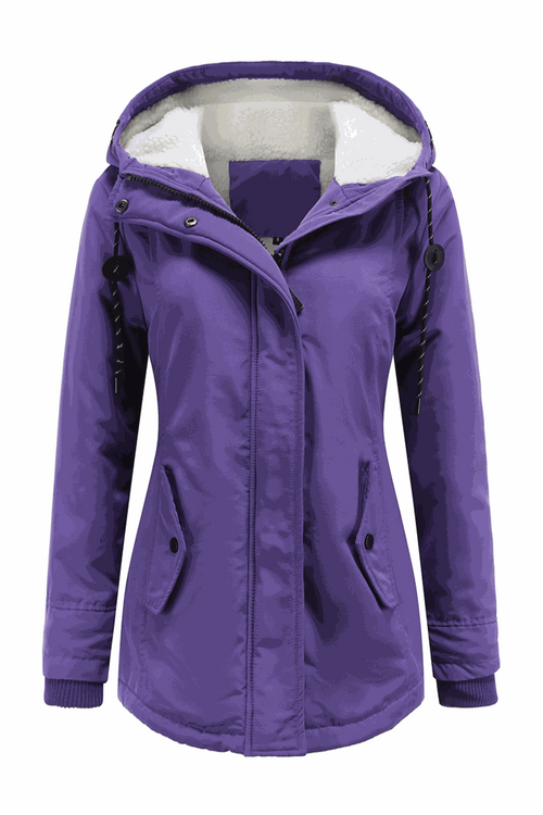 Purple casual hooded velvet coat with adjustable hood, hidden rib cuffs, water-resistant surface, and multiple pockets.