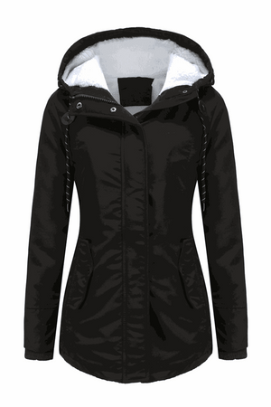Black casual hooded velvet coat with adjustable rope, water-resistant surface, and hidden pockets.