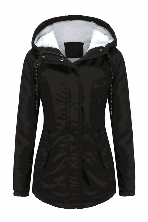 Black casual hooded velvet coat with adjustable rope, water-resistant surface, and hidden pockets.
