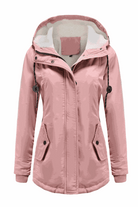 Pink casual hooded velvet coat with adjustable drawstrings, side pockets, and hidden rib cuffs for warmth and wind protection.