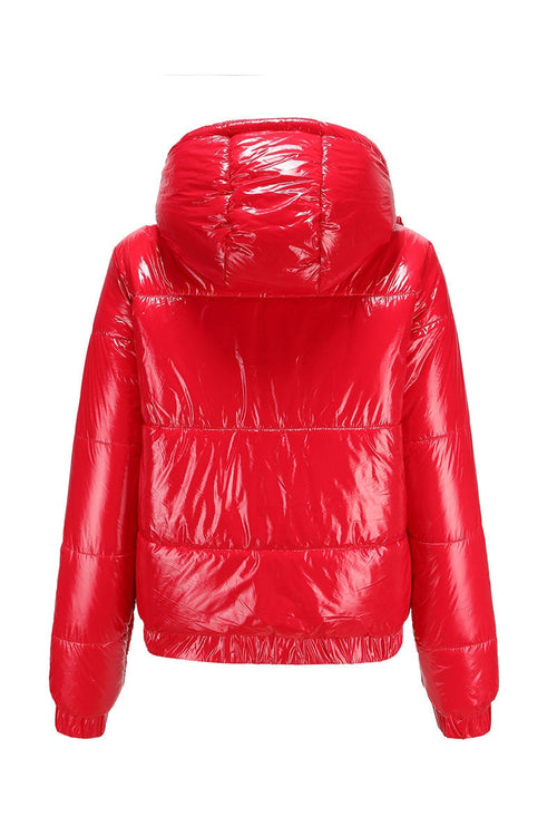 Red reflective anti-splash slim fit puffer jacket with hood and warm hand pockets