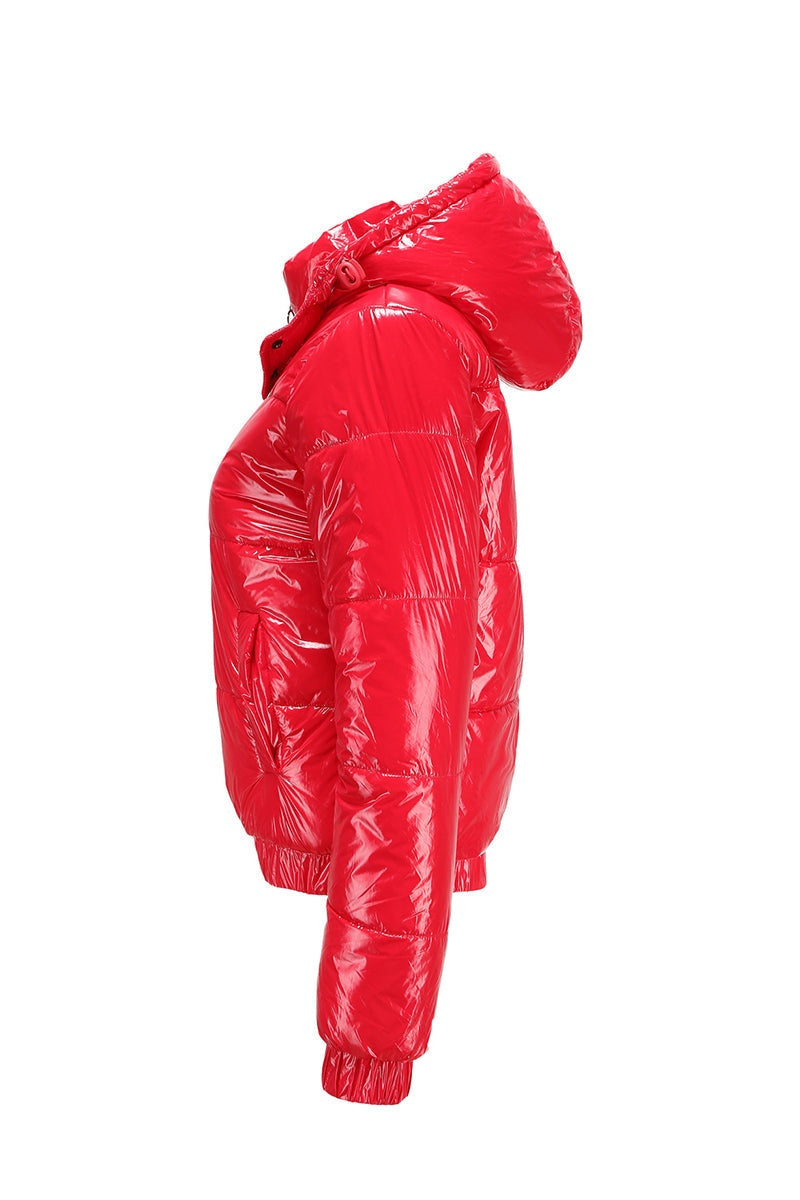 Red reflective anti-splash slim fit puffer jacket with undetachable hood and warm hand pockets for cold weather.