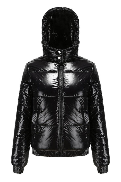 Black reflective anti-splash puffer jacket with undetachable hood and slim fit design