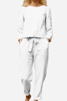 White Retro Monochrome Linen breathable two-piece set with top and pants