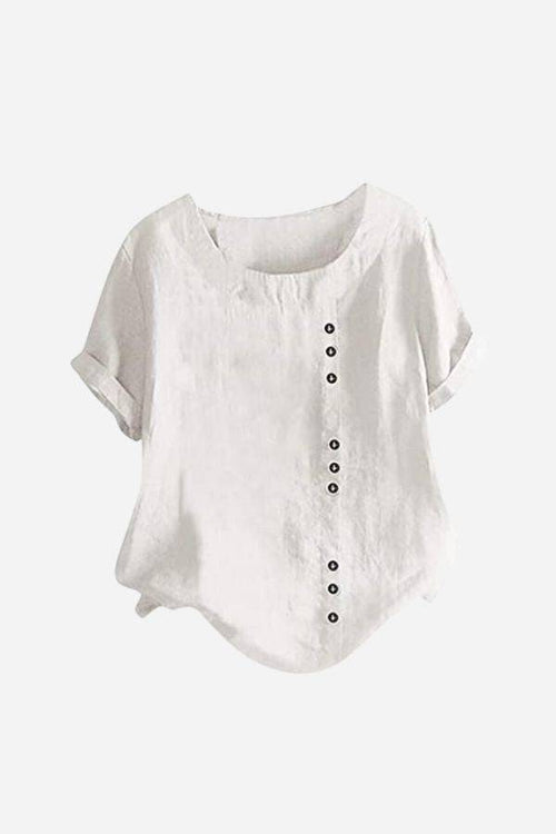White relaxed fit linen button-up tee with short sleeves and stylish buttons