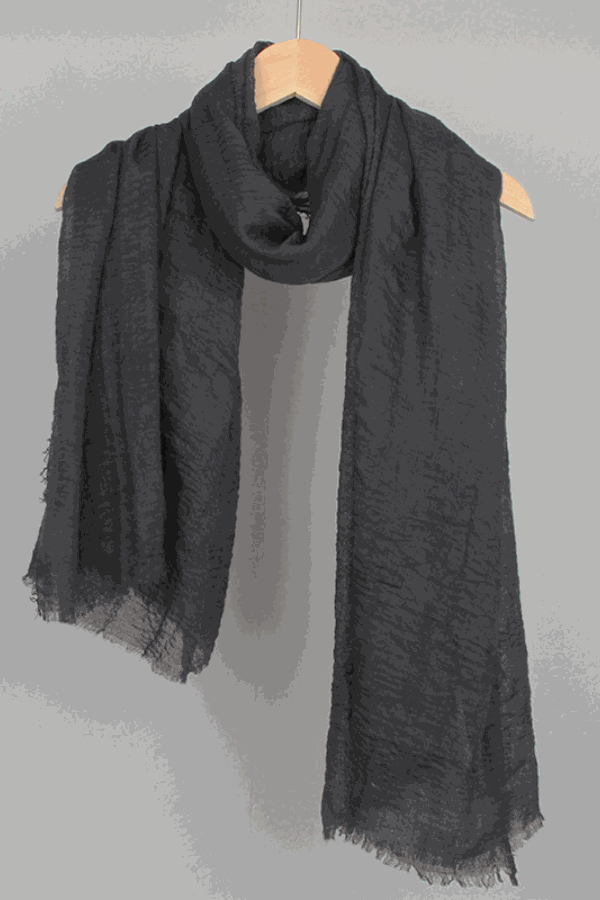 Black linen Color-POP Scarf hanging on wooden hanger, lightweight and warm eco-friendly fabric