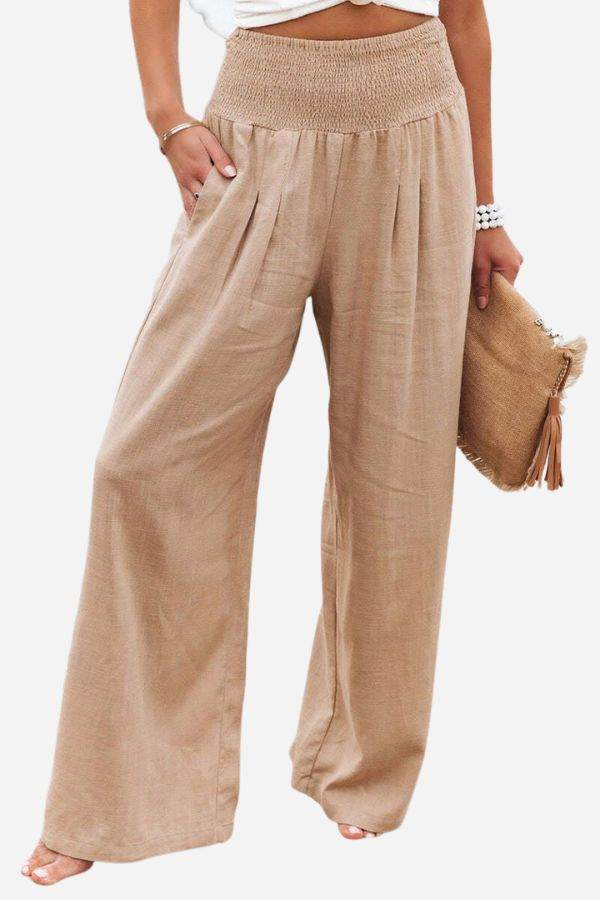 Beige high-waist cotton linen palazzo pants with wide legs and pockets for casual and versatile wear
