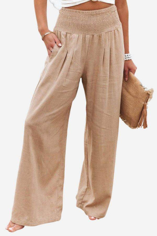 Beige high-waist cotton linen palazzo pants with wide legs and pockets for casual and versatile wear