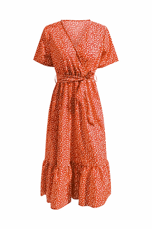 Charming Floral Boho Maxi Dress with wrap V-neck, adjustable belt, and vibrant floral print in chiffon polyester fabric