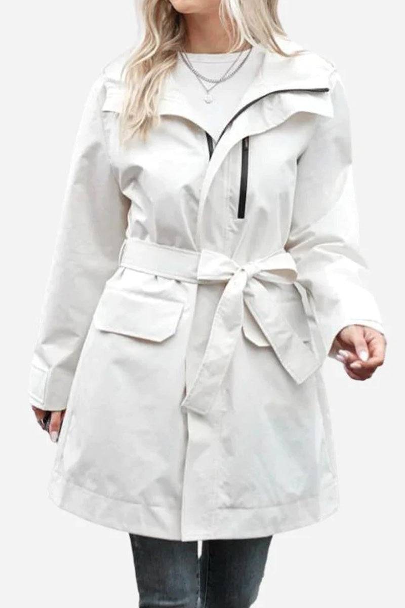 White water-resistant windbreaker trench jacket with belt and pockets for women
