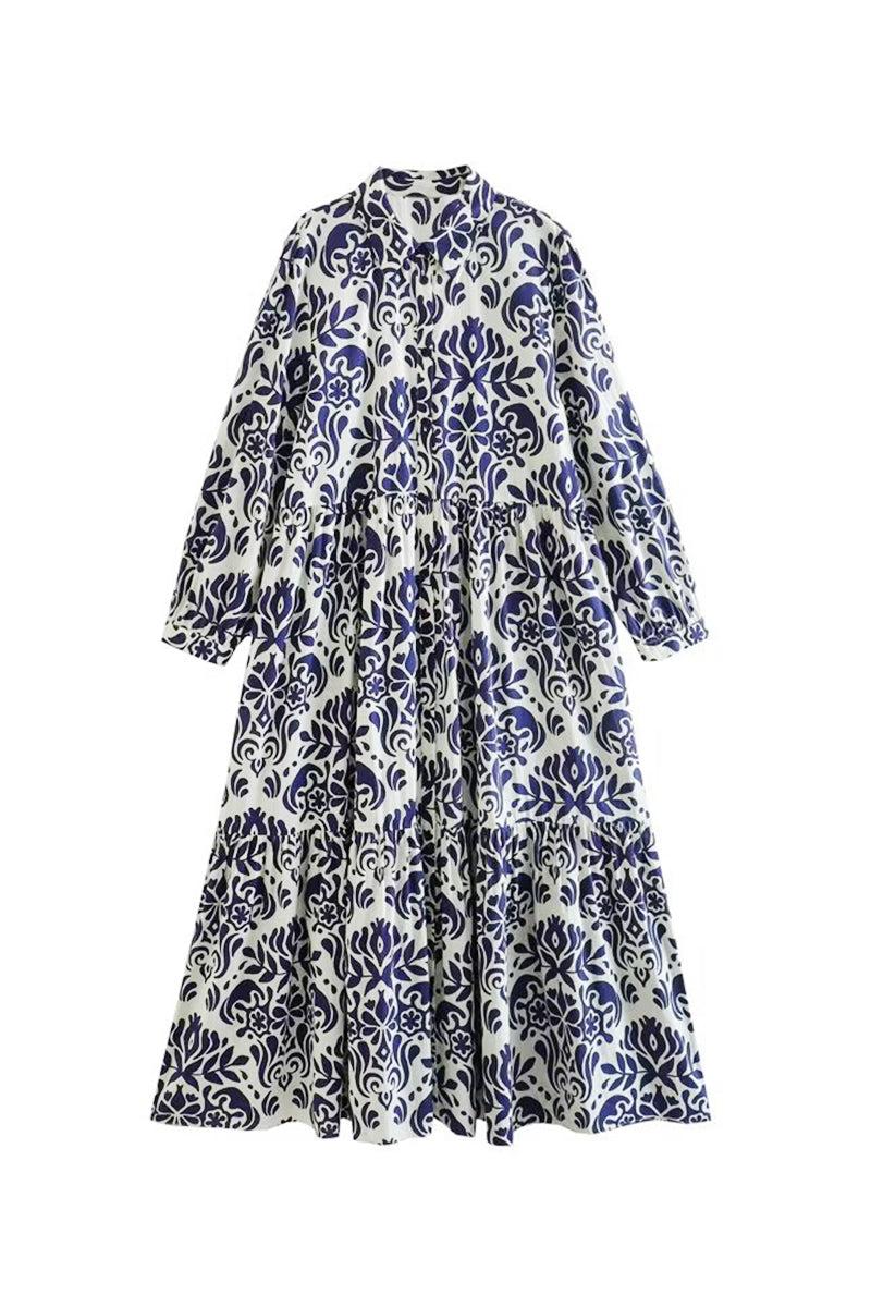 Blue floral lantern sleeves midi dress with loose fit and button-up front design