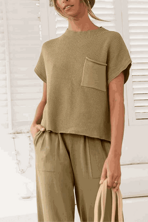 Comfy Couture Knit Sweater two-piece set with knit pullover and high-waisted pants in neutral beige tones.