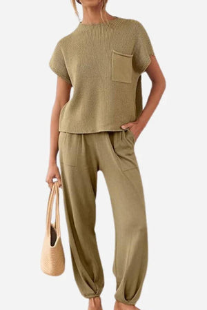 Comfy Couture Knit Sweater two-piece set with knit pullover and high-waisted pants in olive green for chic comfort and versatile style