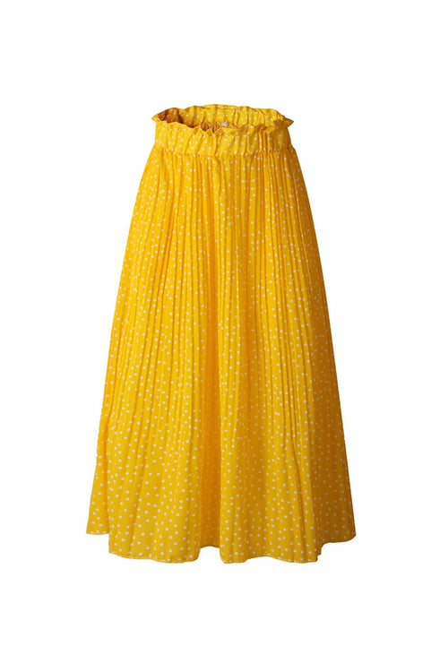 Yellow polka dot pleated midi skirt with high waist and pockets Effortlessly Chic Polka Dot Pleated Skirt
