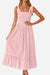 Pink Sunkissed Spaghetti Boho Dress with adjustable tie-up straps and flowy high-waist silhouette
