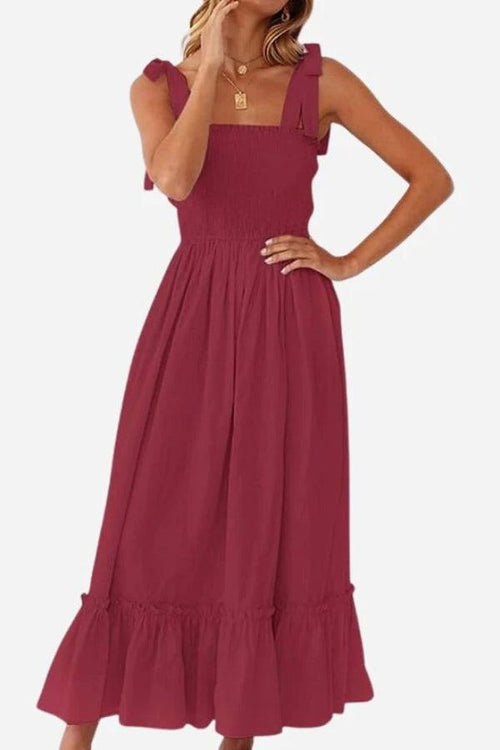 Sunkissed Spaghetti Boho Dress in burgundy with adjustable straps and flowy silhouette