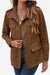 Woman wearing brown fashion cargo utility jacket with multiple pockets and zipper front closure