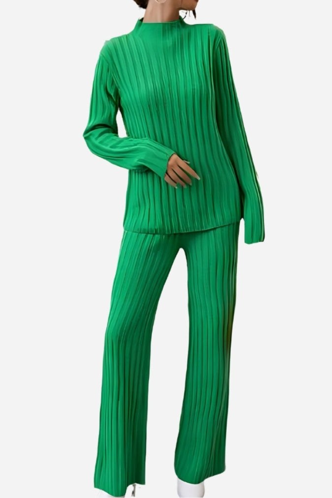 Timeless Striped Two-Piece green ribbed knitwear set with long sleeves and wide-leg pants