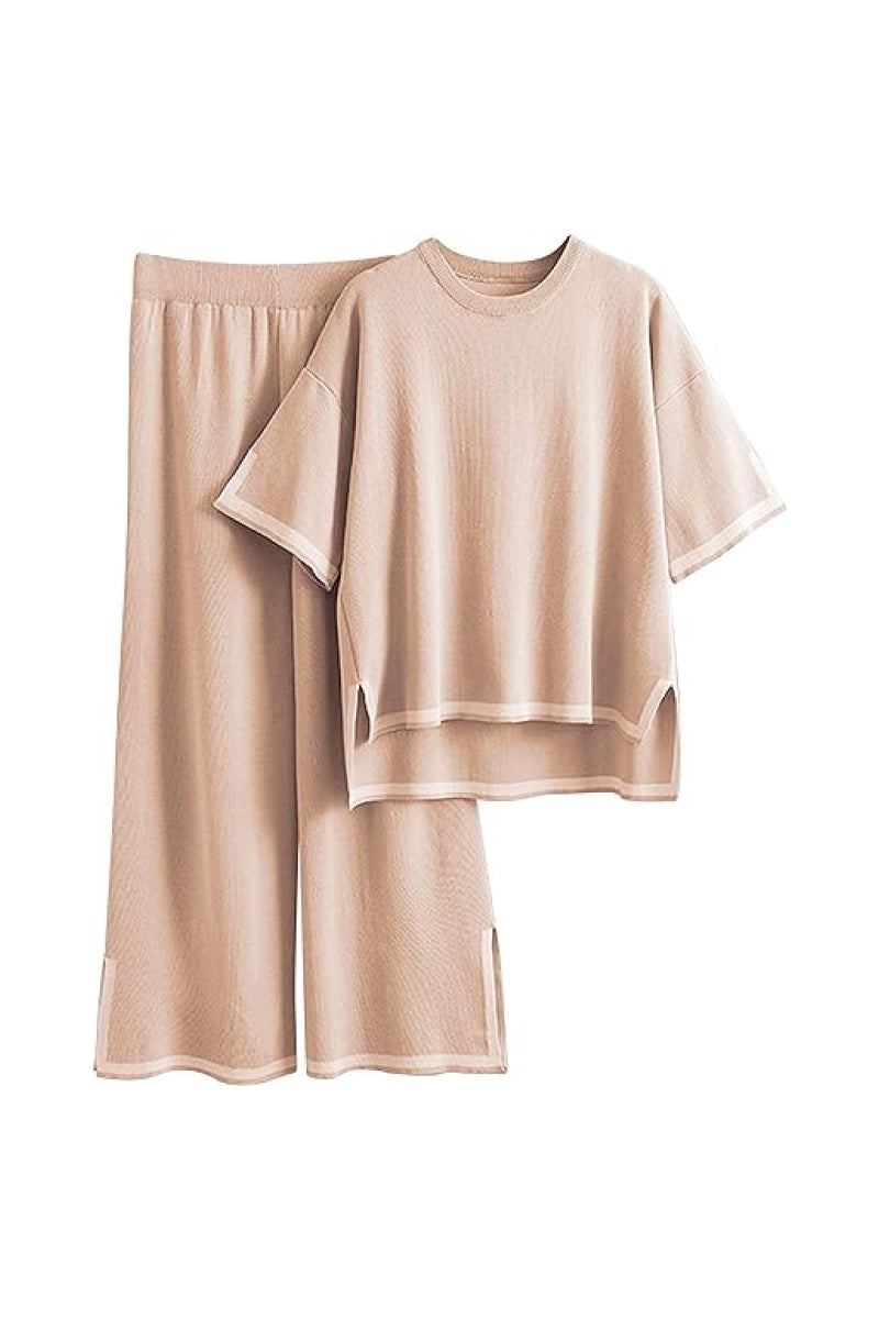 Short sleeved relaxed fit lounge two-piece set with wide-leg pants in beige