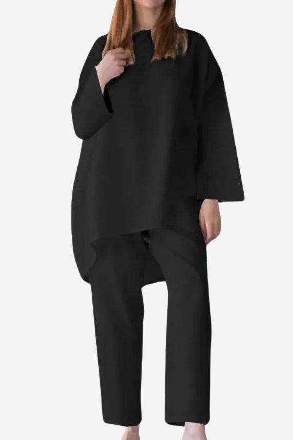 Everyday fashion loose-fit black two-piece matching set with relaxed top and straight pants