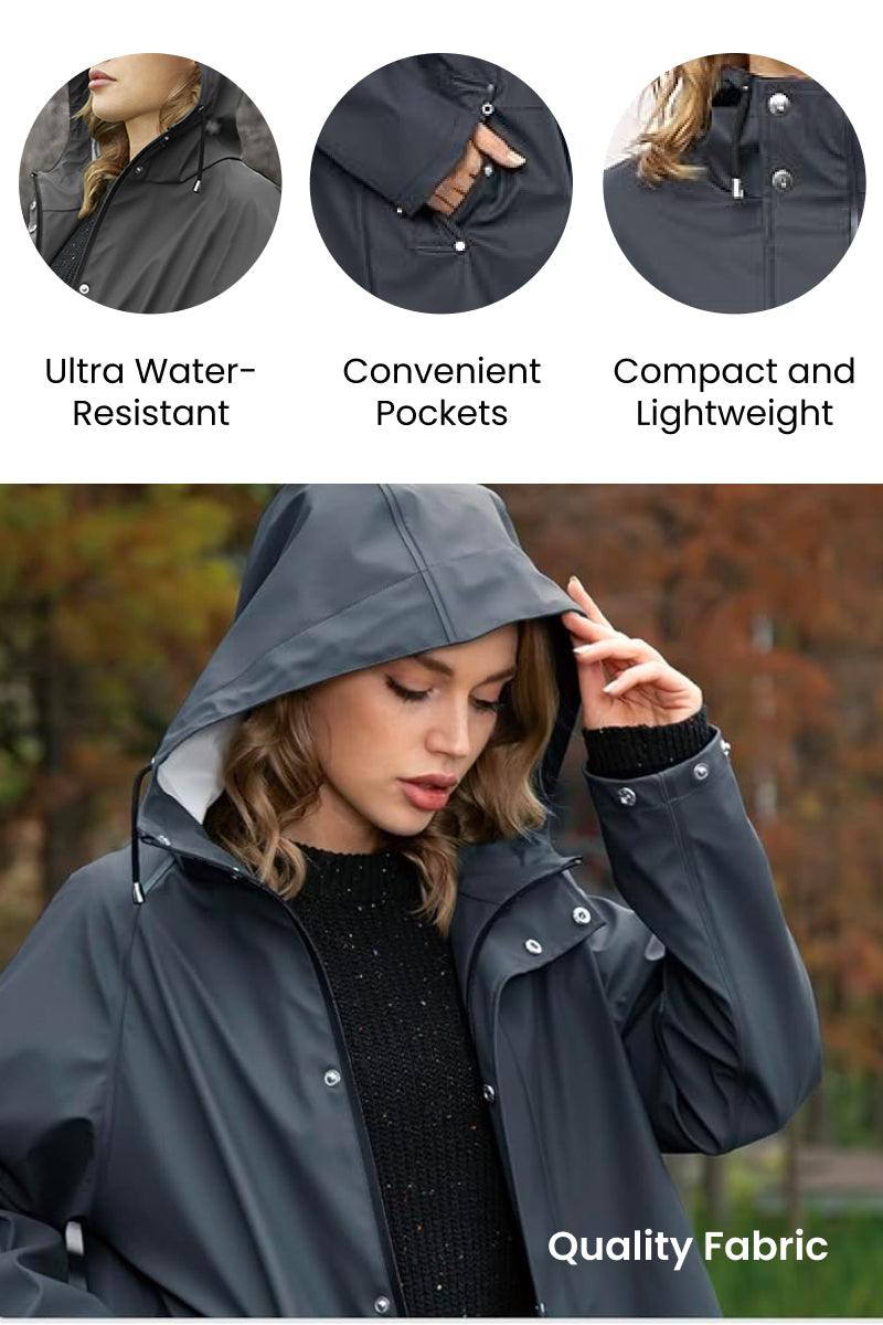 Lightweight ultra water-resistant long windbreaker jacket with hood, convenient pockets, and compact design for outdoor activities