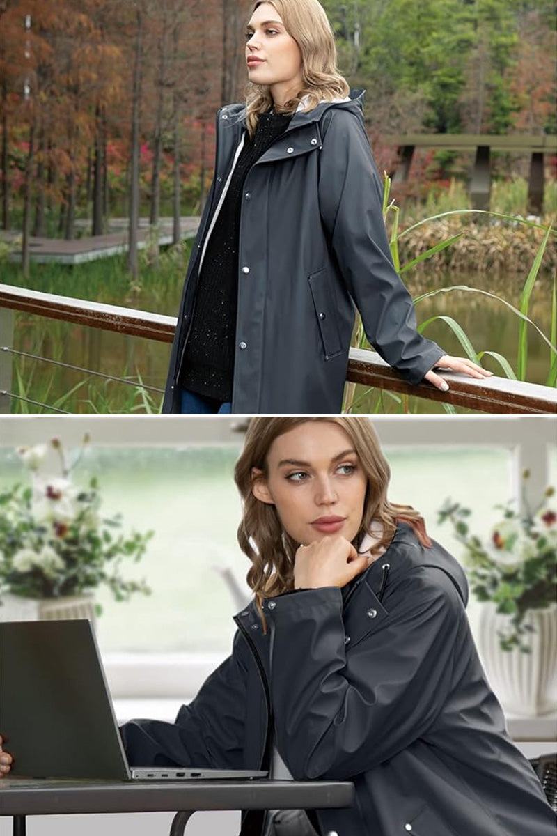 Lightweight ultra water-resistant long windbreaker jacket for women with hood and slim fit design