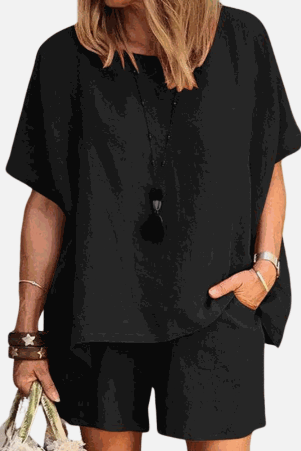 Black comfy linen-like shirt and shorts two-piece set with loose fit and breathable fabric for casual wear.