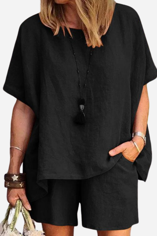 Comfy linen-like black shirt and shorts two-piece set for casual and versatile wear