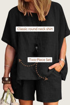 Comfy linen-like black shirt and shorts two-piece set with classic round neck and relaxed fit