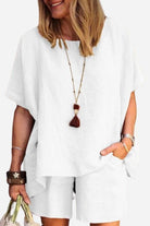 Comfy linen-like shirt and shorts two-piece set in white breathable fabric for casual and versatile style