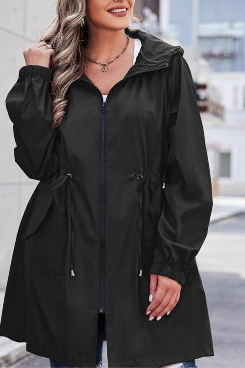 Black packable water-resistant windbreaker jacket with adjustable waist and hood for outdoor activities