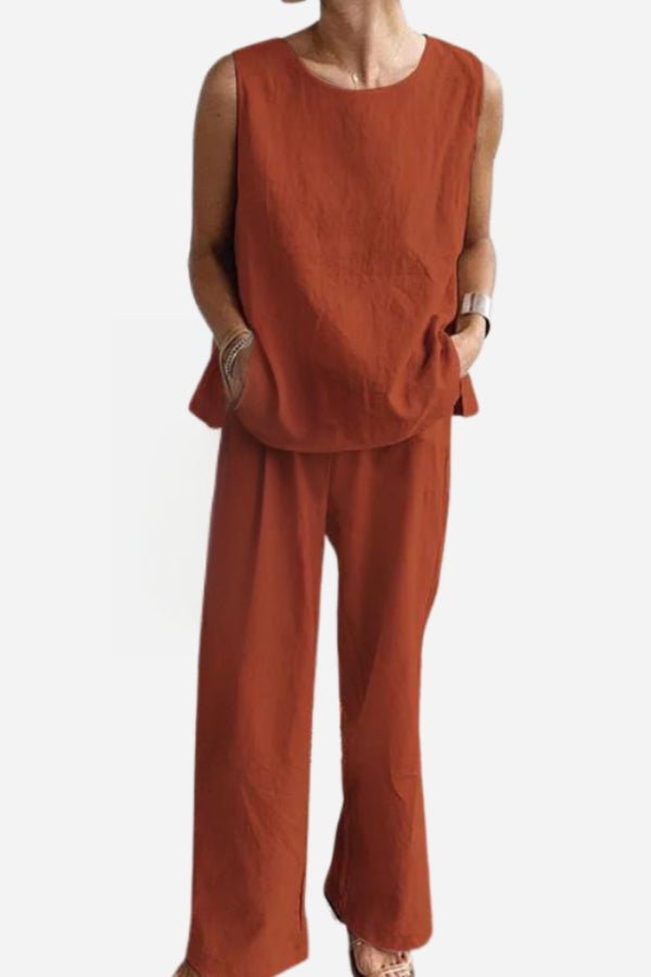 Loose solid color sleeveless top and wide-leg pants two-piece set in rust orange